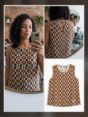 Sleeveless Geometric Print Shell Top - Brown/White